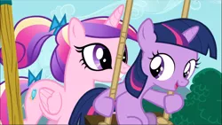 Size: 1669x940 | Tagged: safe, derpibooru import, screencap, princess cadance, twilight sparkle, pony, unicorn, a canterlot wedding, cropped, cute, duo, female, filly, filly twilight sparkle, open mouth, smiling, swing, unicorn twilight, younger