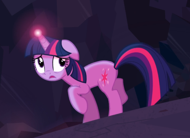 Size: 1057x771 | Tagged: safe, derpibooru import, screencap, twilight sparkle, pony, unicorn, a canterlot wedding, cropped, crystal caverns, female, floppy ears, glowing horn, horn, light, light spell, mare, raised hoof, scared, solo, unicorn twilight