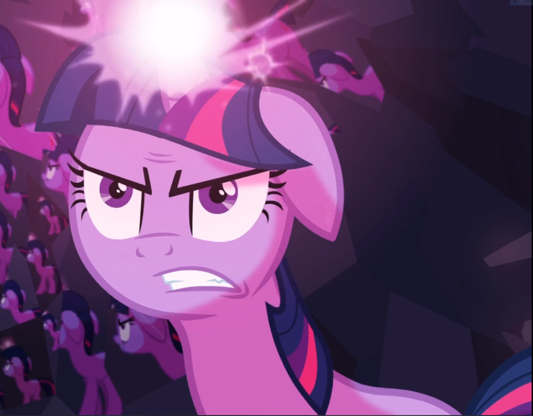 Size: 1200x938 | Tagged: safe, derpibooru import, screencap, twilight sparkle, pony, unicorn, a canterlot wedding, angry, cropped, crystal caverns, female, floppy ears, glowing horn, gritted teeth, horn, mare, reflection, sparking horn, unicorn twilight