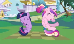 Size: 1396x841 | Tagged: safe, derpibooru import, screencap, princess cadance, twilight sparkle, pony, unicorn, a canterlot wedding, cropped, cute, duo, eyes closed, female, filly, filly twilight sparkle, midair, smiling, sunshine sunshine, twiabetes, unicorn twilight, younger