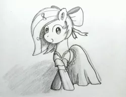 Size: 3084x2368 | Tagged: safe, artist:lunie/elonrie, derpibooru import, oc, oc:aurora fuse, pony, bow, clothes, dress, gloves, lineart, monochrome, traditional art