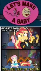 Size: 512x874 | Tagged: suggestive, derpibooru import, edit, edited screencap, screencap, fluttershy, sunset shimmer, equestria girls, equestria girls series, game stream, spoiler:eqg series (season 2), comic, gamer sunset, implied sex, simpsons did it, sunset gamer, the simpsons