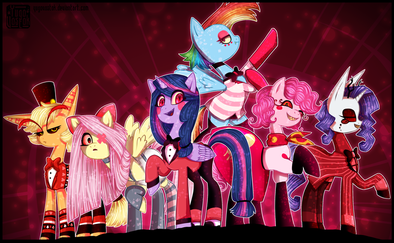 Size: 3000x1852 | Tagged: safe, artist:yugovostok, derpibooru import, applejack, fluttershy, pinkie pie, rainbow dash, rarity, twilight sparkle, twilight sparkle (alicorn), alicorn, pony, alastor, angel dust, bowtie, charlie (hazbin hotel), clothes, cosplay, costume, crossover, hazbin hotel, husker, mane six, niffty, radio demon, socks, striped socks, vaggie