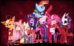 Size: 3000x1852 | Tagged: safe, artist:yugovostok, derpibooru import, applejack, fluttershy, pinkie pie, rainbow dash, rarity, twilight sparkle, twilight sparkle (alicorn), alicorn, pony, alastor, angel dust, bowtie, charlie (hazbin hotel), clothes, cosplay, costume, crossover, hazbin hotel, husker, mane six, niffty, radio demon, socks, striped socks, vaggie