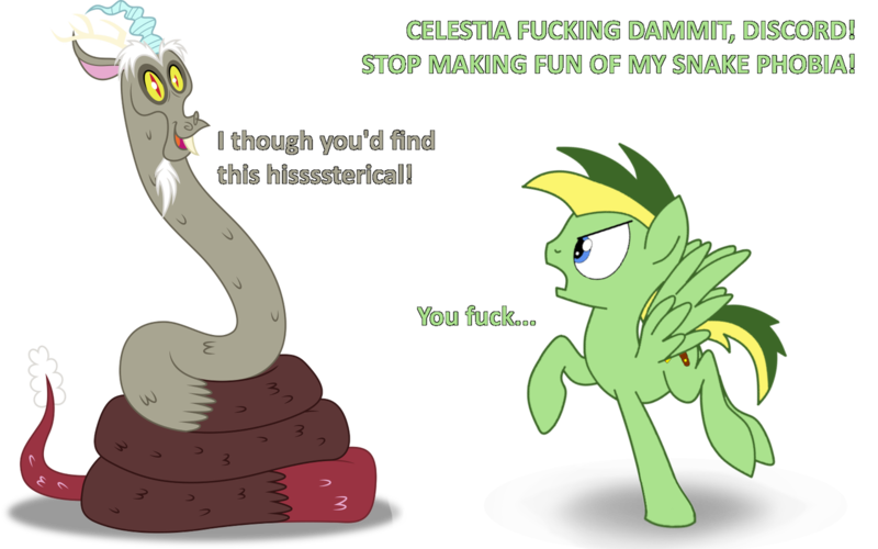 Size: 1280x800 | Tagged: safe, artist:didgereethebrony, derpibooru import, discord, oc, oc:didgeree, draconequus, pegasus, pony, snake, angry, hisscord, swearing, text, vulgar