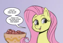 Size: 1136x785 | Tagged: safe, artist:anonymous, derpibooru import, fluttershy, pony, bacon, food, meat, ooc is serious business, ponies eating meat