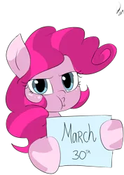 Size: 1000x1414 | Tagged: safe, artist:emositecc, derpibooru import, pinkie pie, earth pony, pony, kissy face, march, scrunchy face, sign, solo, unamused