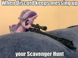 Size: 2048x1536 | Tagged: safe, artist:yaop, derpibooru import, edit, starlight glimmer, pony, a matter of principals, ar15, caption, exploitable meme, gun, image macro, irl, meme, photo, plushie, snipelight glimmer, text, this will end in pain, weapon