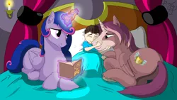 Size: 9307x5235 | Tagged: safe, artist:cactuscowboydan, derpibooru import, oc, oc:king speedy hooves, oc:queen galaxia, oc:tommy the human, alicorn, human, pony, alicorn oc, bedroom, bedsheets, bedtime story, blanket, book, candle, commissioner:bigonionbean, curtains, cutie mark, family, father and child, father and son, female, fusion, fusion:king speedy hooves, fusion:queen galaxia, herd, horn, hug, human oc, husband and wife, love, magic, male, mother and child, mother and father, mother and son, muzzle, pillow, pony sized pony, royal family, tired, unshorn fetlocks, wings