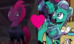 Size: 1534x899 | Tagged: safe, derpibooru import, edit, edited screencap, screencap, glitter drops, tempest shadow, unicorn, my little pony: the movie, spoiler:comic, spoiler:comic67, armor, broken horn, female, glittershadow, heart, horn, lesbian, shipping, shipping domino