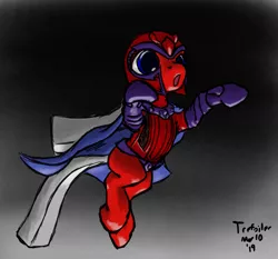 Size: 1171x1093 | Tagged: safe, artist:trefoiler, derpibooru import, oc, oc:maggy, unofficial characters only, earth pony, magnet pony, pony, cape, clothes, crossover, female, gradient background, helmet, magneto, mare, marvel, x-men