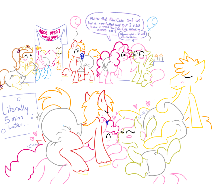Size: 1598x1385 | Tagged: questionable, artist:doodledandy, derpibooru import, applejack, big macintosh, carrot cake, fluttershy, pinkie pie, pony, abdl, blush sticker, blushing, comic, crinkle, diaper, diaper fetish, diaper grinding, eyes closed, female, fetish, floating heart, flutterpie, foursome, group sex, heart, humping, kissing, lesbian, male, pacifier, pinkiemac, poofy diaper, sex, shipping, spread wings, straight, wingboner, wings