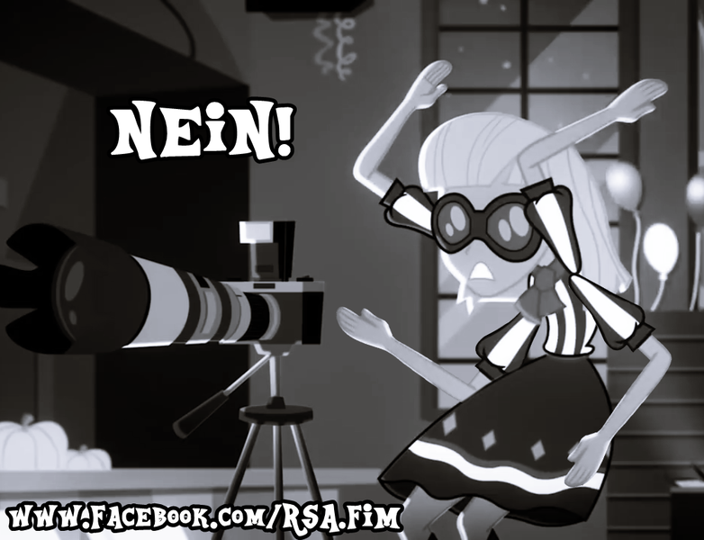 Size: 1001x768 | Tagged: safe, derpibooru import, edit, edited screencap, screencap, photo finish, a photo booth story, eqg summertime shorts, equestria girls, balloon, black and white, camera, dank memes, exploitable meme, extra limbs, german, glasses, grayscale, jews be scared, meme, monochrome, multiple arms, nazi, nein, not salmon, sepia, shitposting, source, swastika, text, wat