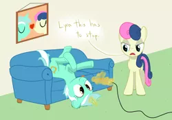 Size: 2000x1400 | Tagged: safe, artist:mightyshockwave, derpibooru import, bon bon, lyra heartstrings, sweetie drops, pony, bon bon is not amused, controller, couch, joystick, silly, silly pony, tongue out, unamused, upside down, video game