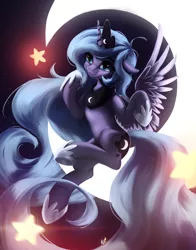 Size: 2474x3154 | Tagged: safe, artist:fluttersheeeee, derpibooru import, princess luna, alicorn, pony, crescent moon, crown, cute, female, high res, hoof shoes, jewelry, lunabetes, mare, moon, night, regalia, s1 luna, smiling, solo, stars