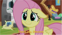 Size: 947x534 | Tagged: safe, derpibooru import, edit, edited screencap, screencap, fluttershy, pony, fluttershy leans in, about to cry, fake leak, floppy ears, implied discord, sad, smiling, solo