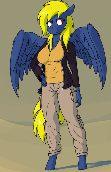 Size: 3300x5100 | Tagged: anthro, artist:crazy water, breasts, cargo pants, clothes, derpibooru import, female, hand on hip, jacket, mare, oc, oc:naveen numbers, pants, pegasus, safe, solo, standing, unguligrade anthro, wings