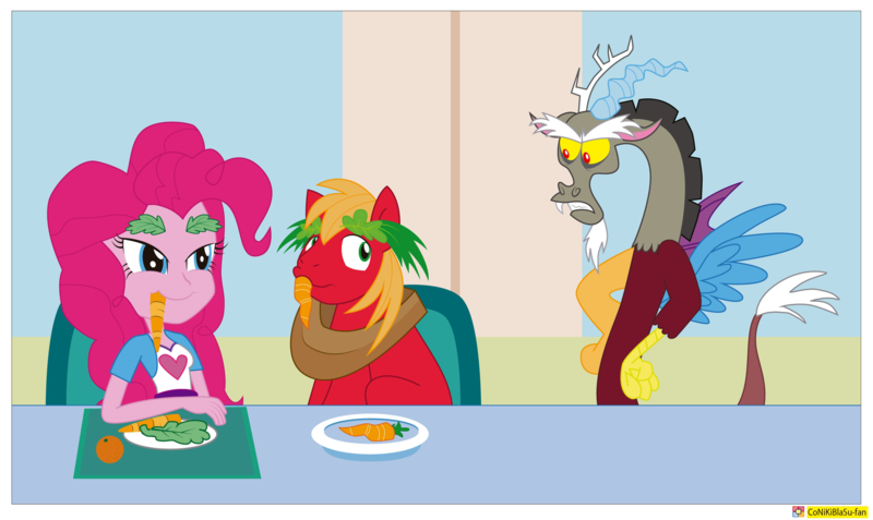 Size: 2785x1661 | Tagged: safe, artist:conikiblasu-fan, derpibooru import, big macintosh, discord, pinkie pie, draconequus, earth pony, pony, brotherhooves social, equestria girls, rainbow rocks, annoyed, carrot, chair, discord is not amused, eye contact, eyebrows, female, food, frown, glare, gritted teeth, high res, imitation, lettuce, lidded eyes, looking at each other, male, orange, sideways glance, sitting, smiling, smirk, snaggletooth, stallion, table, unamused, watermark, wide eyes, window