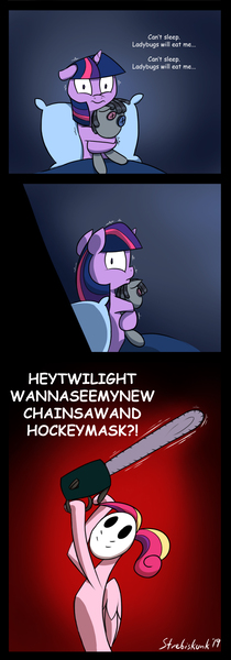 Size: 938x2684 | Tagged: safe, alternate version, artist:strebiskunk, derpibooru import, princess cadance, smarty pants, twilight sparkle, pony, starlight the hypnotist, spoiler:interseason shorts, chainsaw, comic, female, filly, filly twilight sparkle, hockey mask, mask, scared, shaking, teen princess cadance, the simpsons, trolldance, younger