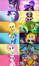 Size: 1230x2048 | Tagged: safe, derpibooru import, edit, applejack, fluttershy, pinkie pie, rainbow dash, rarity, sci-twi, twilight sparkle, equestria girls, equestria girls series, batgirl, bumblebee (dc), comparison, dc comics, dc superhero girls, geode of fauna, geode of shielding, geode of sugar bombs, geode of super speed, geode of super strength, geode of telekinesis, green lantern, humane five, humane six, magical geodes, supergirl, wonder woman, zatanna