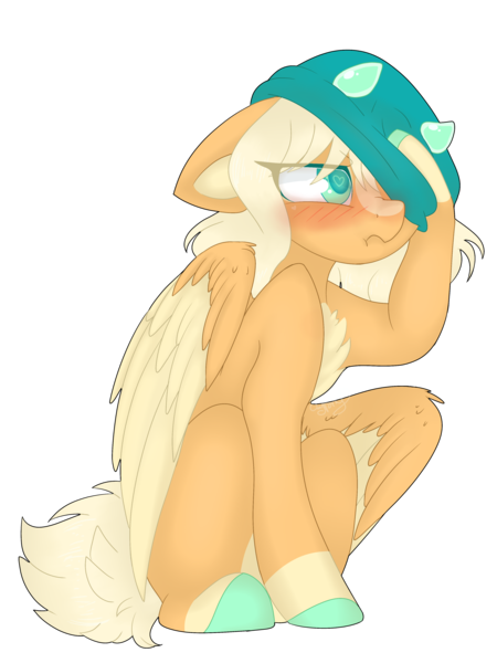 Size: 3072x4096 | Tagged: safe, artist:missclaypony, derpibooru import, oc, unofficial characters only, pegasus, pony, blushing, chest fluff, colored hooves, female, floppy ears, hat, mare, simple background, sitting, solo, three quarter view, transparent background, two toned wings, wings