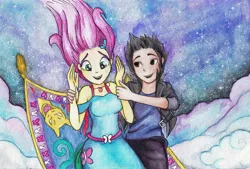 Size: 1122x757 | Tagged: safe, artist:astevenamedwolf, derpibooru import, fluttershy, oc, equestria girls, carpet, clothes, dress, female, flying, flying carpet, male, sky, smiling, traditional art, windswept hair