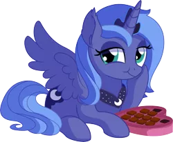 Size: 7287x6015 | Tagged: safe, artist:cyanlightning, derpibooru import, princess luna, alicorn, pony, .svg available, absurd resolution, chocolate, ear fluff, female, food, lidded eyes, looking at you, mare, prone, s1 luna, simple background, sitting, solo, spread wings, transparent background, vector, wings