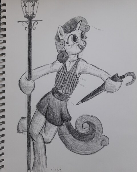 Size: 2448x3060 | Tagged: artist:rockhoppr3, chicago, clothes, derpibooru import, lamppost, monochrome, safe, semi-anthro, singing in the rain, solo, streetlight, sweetie belle, traditional art, umbrella