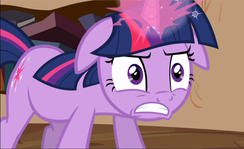 Size: 1533x940 | Tagged: safe, derpibooru import, screencap, twilight sparkle, pony, unicorn, the crystal empire, angry, book, close-up, cropped, floppy ears, glowing horn, golden oaks library, gritted teeth, horn, magic, magic aura, solo, unicorn twilight