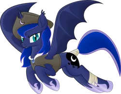 Size: 6281x4871 | Tagged: safe, artist:kopcap94, derpibooru import, princess luna, alicorn, bat pony, bat pony alicorn, pony, .svg available, absurd resolution, bat ponified, bat wings, captain luna, clothes, fangs, female, hat, horn, lunabat, pirate, pirate hat, race swap, simple background, smiling, solo, tail wrap, transparent background, vector, wings