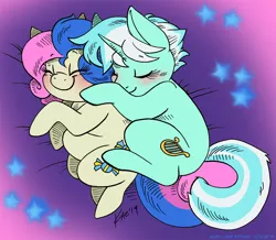 Size: 1100x957 | Tagged: safe, artist:kaemantis, deleted from derpibooru, derpibooru import, bon bon, lyra heartstrings, sweetie drops, earth pony, pony, unicorn, adorabon, blushing, chubby, cuddling, cute, female, lesbian, lyrabetes, lyrabon, pudgy, shipping, sleeping, smiling, spooning, stars