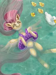 Size: 1668x2224 | Tagged: safe, artist:catscratchpaper, derpibooru import, fluttershy, bird, duck, pegasus, pony, cute, duckling, eyes closed, female, floating, floaty, inflatable, mare, on back, pool toy, relaxing, shyabetes, smiling, spread wings, swimming, water, wings