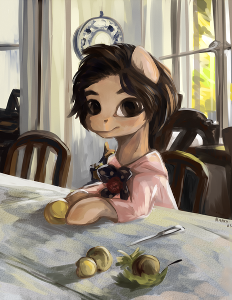 Size: 1395x1800 | Tagged: safe, artist:nancy-05, derpibooru import, ponified, pony, blouse, bowtie, bust, chair, clothes, female, filly, fine art parody, food, girl with peaches, hooves on the table, indoors, interior, knife, leaf, looking at you, peach, portrait, sitting, solo, table, three quarter view, window