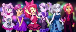 Size: 2368x1000 | Tagged: safe, artist:uotapo, derpibooru import, apple bloom, babs seed, diamond tiara, gabby, scootaloo, silver spoon, sweetie belle, equestria girls, adorababs, adorabloom, armpits, blossom (powerpuff girls), blushing, bow, catra, clothes, cosplay, costume, cute, cutealoo, cutie mark crusaders, diamondbetes, diasweetes, dress, fall formal outfits, female, freckles, gabbybetes, glasses, hair bow, hand on hip, looking at you, one eye closed, open mouth, pants, peace sign, ponytail, powerpuff girls z, ranma 1/2, shampoo (ranma 1/2), she-ra, she-ra and the princesses of power, silverbetes, skirt, smiling, suit, vest, wink