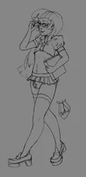 Size: 1000x2050 | Tagged: artist:archonix, book, clothes, crossdressing, crotch bulge, derpibooru import, dusk shine, femboy, glasses, gray background, grayscale, human, humanized, looking at you, male, miniskirt, monochrome, panties, pleated skirt, rule 63, sci-twi, shoes, short shirt, simple background, sketch, skirt, socks, suggestive, thigh highs, trap, twilight sparkle, underwear, zettai ryouiki