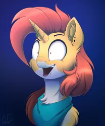 Size: 2731x3278 | Tagged: safe, artist:airfly-pony, derpibooru import, oc, oc:autumn fire, unofficial characters only, pony, bust, crazy face, faic, male, open mouth, piercing, portrait, rcf community, smiling, solo, teeth