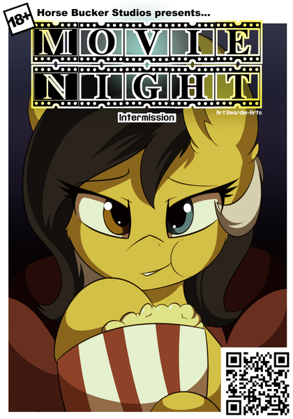 Size: 1154x1650 | Tagged: explicit, artist:beardie, derpibooru import, oc, oc:zedwin, unofficial characters only, earth pony, pony, comic:movie night (beardie), comic, comic cover, cover, ear fluff, female, food, heterochromia, hooves, image, looking at you, mare, png, popcorn, solo