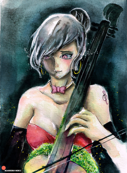 Size: 2291x3101 | Tagged: safe, artist:mashiromiku, derpibooru import, octavia melody, human, equestria girls, alternative cutie mark placement, cutie mark on human, ear piercing, earring, jewelry, musical instrument, patreon, patreon logo, piercing, traditional art, violin, violoncello, watercolor painting