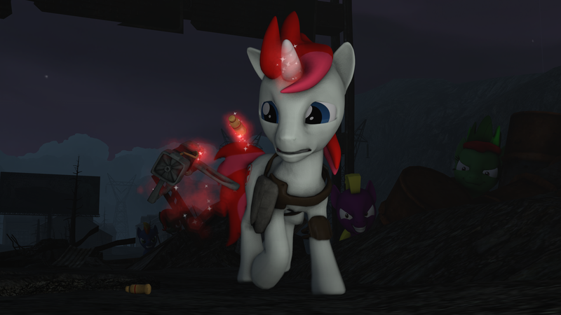 Size: 3840x2160 | Tagged: safe, artist:awgear, derpibooru import, oc, oc:life bloom, unofficial characters only, earth pony, pony, unicorn, fallout equestria, 3d, blue eyes, danger, energy weapon, fallout, female, glowing horn, grin, gun, handgun, hooves, horn, laser pistol, levitation, magic, magical energy weapon, male, mare, night, raider, raiders, red mane, red tail, reloading, smiling, solo, source filmmaker, stallion, telekinesis, this will end in death, this will end in pain, this will end in tears, this will end in tears and/or death, wasteland, weapon, white coat, worried