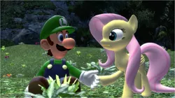 Size: 1607x899 | Tagged: safe, artist:daniotheman, derpibooru import, fluttershy, human, pegasus, pony, 3d, crossover, crossover shipping, female, gmod, luigi, luigishy, male, nintendo, shipping, straight, super mario bros.