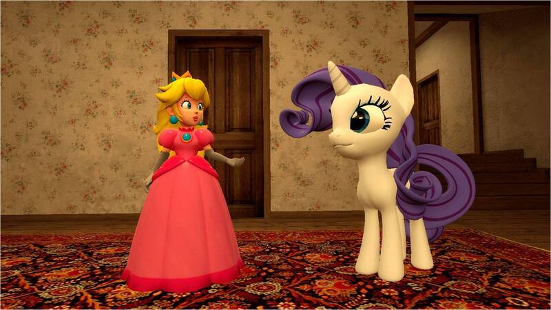 Size: 1600x899 | Tagged: safe, artist:daniotheman, derpibooru import, rarity, human, unicorn, 3d, crossover, gmod, nintendo, princess peach, raripeach, super mario bros.