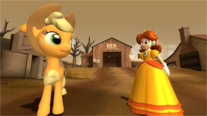 Size: 1600x900 | Tagged: safe, artist:daniotheman, derpibooru import, applejack, earth pony, human, pony, 3d, apple daisy, crossover, gmod, image, jpeg, nintendo, princess daisy, super mario bros.