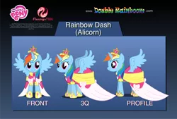 Size: 2200x1485 | Tagged: safe, artist:woodyramesses17, derpibooru import, rainbow dash, alicorn, pony, alicornified, clothes, coronation, coronation dress, crown, dress, flash puppet, jewelry, princess rainbow dash, race swap, rainbowcorn, regalia, shoes, show accurate