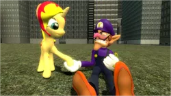 Size: 1599x900 | Tagged: safe, artist:daniotheman, derpibooru import, sunset shimmer, human, pony, unicorn, 3d, blushing, crossover, crossover shipping, flower, gmod, nintendo, shipping, super mario bros., waluigi, waluset