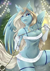 Size: 848x1200 | Tagged: alicorn, alicorn oc, anthro, anthro oc, artist:kazibug, breasts, christmas, christmas lights, christmas tree, clothes, commission, derpibooru import, detailed background, female, fireplace, fishnets, hearth's warming eve, holiday, horn, lingerie, looking back, mare, oc, oc:permafrost, smiling, solo, solo female, suggestive, tree, unofficial characters only, wings, ych result