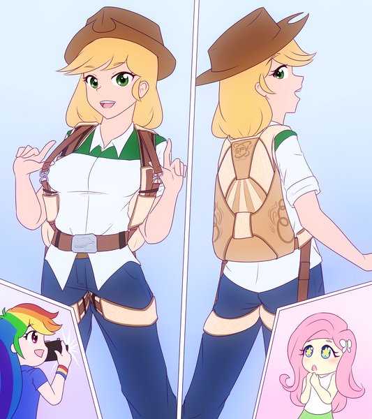 Size: 2000x2251 | Tagged: safe, artist:jonfawkes, derpibooru import, applejack, fluttershy, rainbow dash, human, equestria girls, air ponyville, camera, chibi, commission, harness, humanized, leather, multiple angles, outfit, parachute, pose, starry eyes, tack, wingding eyes