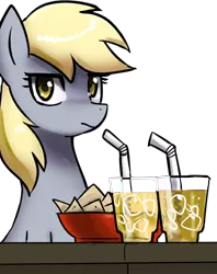Size: 660x835 | Tagged: source needed, safe, artist:johnjoseco, derpibooru import, derpy hooves, pegasus, pony, ask gaming princess luna, bowl, chips, drink, female, food, glasses, ice, ice cube, looking at you, mare, nachos, simple background, solo, straw, table, transparent background, unamused, underp