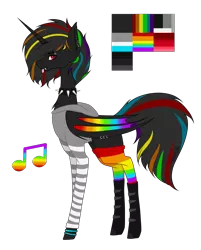 Size: 3545x4417 | Tagged: safe, artist:moonlight0shadow0, derpibooru import, oc, oc:night rainbow, unofficial characters only, alicorn, bat pony, bat pony alicorn, pony, alicorn oc, bat pony oc, bat wings, boots, chest fluff, choker, clothes, colored wings, commission, ear piercing, earring, eyebrow piercing, fangs, female, hoodie, horn, jewelry, mare, multicolored hair, multicolored wings, piercing, rainbow hair, rainbow socks, reference sheet, shoes, simple background, socks, solo, spiked choker, striped socks, transparent background, wing piercing, wings, wristband