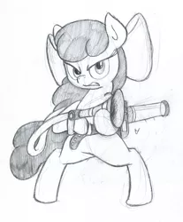 Size: 780x940 | Tagged: safe, artist:asai-gomen, derpibooru import, apple bloom, earth pony, pony, adorabloom, angry, bipedal, bow, cute, female, filly, hair bow, hoof hold, looking at you, monochrome, pest control gear, simple background, solo, white background