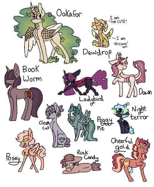 Size: 768x930 | Tagged: safe, artist:pyrixii, derpibooru import, oc, oc:book worm, oc:cheerful gold, oc:clean cut, oc:dawn, oc:dew drop, oc:ladybird, oc:night terror, oc:oakafor, oc:peggy pie, oc:posey, oc:rock candy, alicorn, changepony, earth pony, hybrid, pegasus, pony, unicorn, alicorn oc, bandage, chest fluff, colt, crack ship offspring, female, gift art, hair over eyes, hair over one eye, horn, interspecies offspring, kirin hybrid, lisp, magical lesbian spawn, male, mare, missing limb, offspring, parent:applejack, parent:big macintosh, parent:fluttershy, parent:king sombra, parent:limestone pie, parent:marble pie, parent:maud pie, parent:mud briar, parent:pinkie pie, parent:princess celestia, parent:princess luna, parent:queen chrysalis, parent:rain shine, parent:rainbow dash, parent:rarity, parent:sugar belle, parent:thorax, parent:twilight sparkle, parents:celestiashine, parents:chryslestia, parents:fluttermac, parents:lumbra, parents:marbledash, parents:pinkiebriar, parents:raristone, parents:sugarjack, parents:twimaud, parents:twirax, parents:twisalis, simple background, sombra eyes, stallion, tongue out, white background, wings